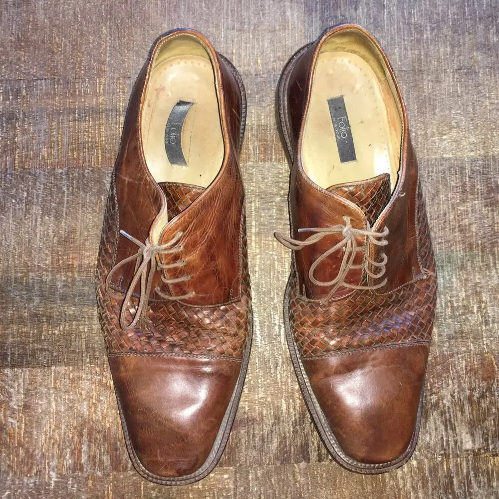 Folio New York Mens 10.5 Woven Italian Leather Oxford Brown Business CapToe Shoe